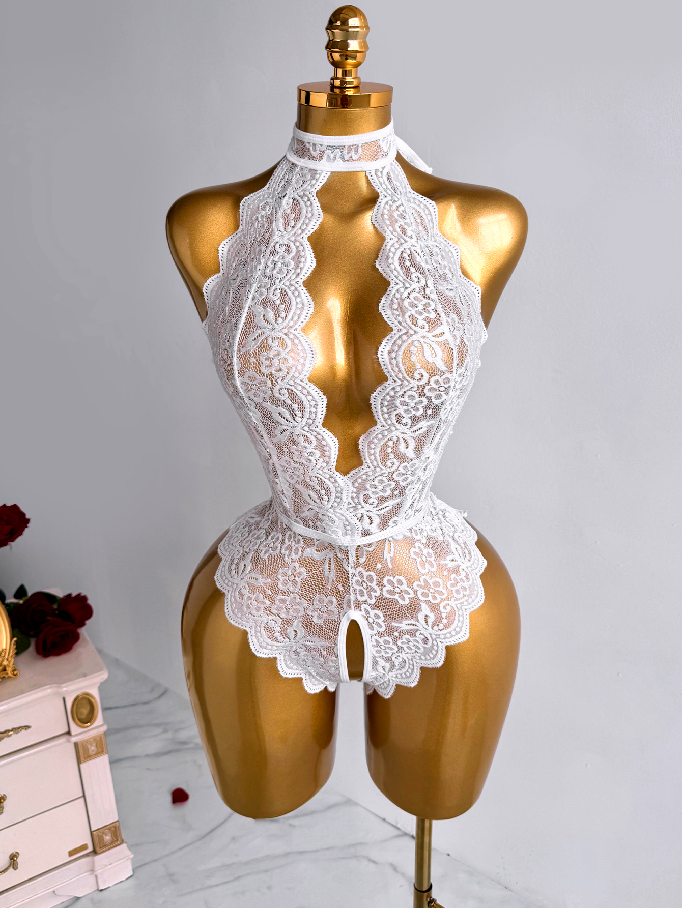 White Halter Neck Floral Lace  - Lace Teddy Lingerie 评论和价格