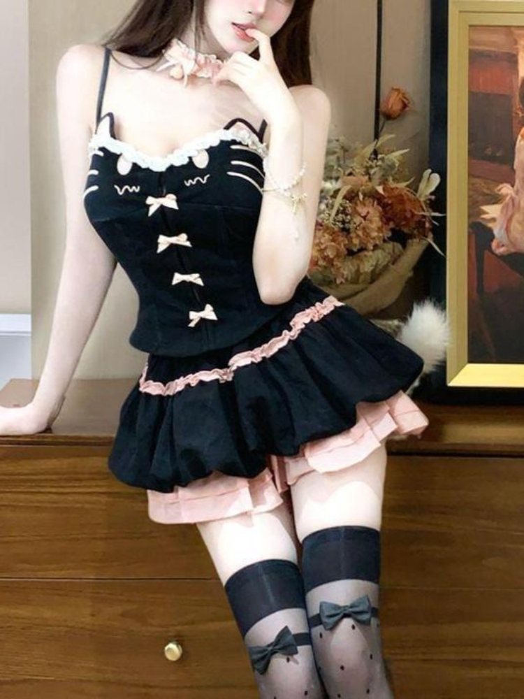 Summer Kawaii Cute Cartoon Cat - Cami Top Lace 评论和价格