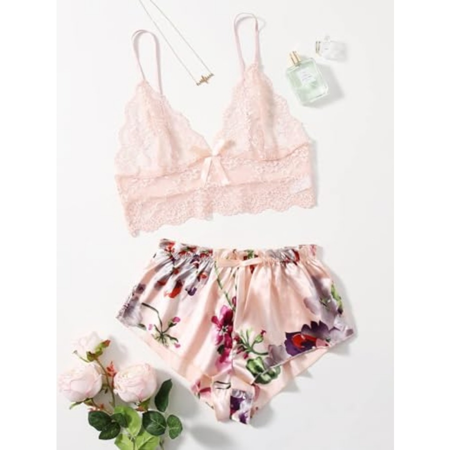 Women's 2 Pcs Lingerie Floral  - Cami Top Lace 评论和价格
