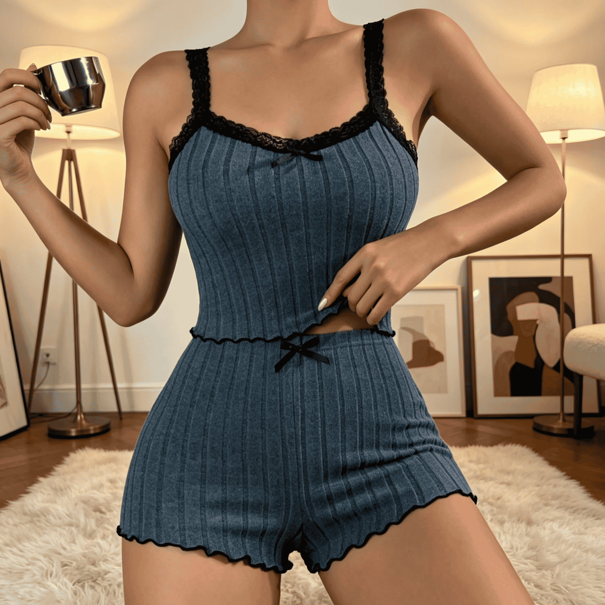 Women Cute Summer Ribbed Knit  - Cami Top Lace 评论和价格